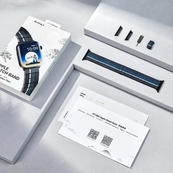 Упаковка и компоненты ремешка ChromaCarbon для Apple Watch с карбоновым узором, бренд Smartworld.
