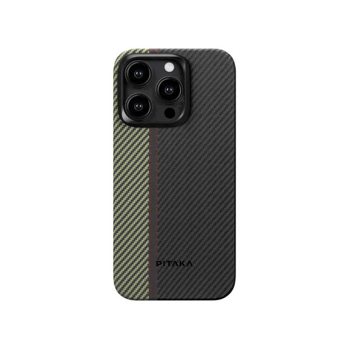 Вид сзади чехла MagEZ для iPhone 15 Pro, цвет Overture с черным, зеленым и красным узором, бренд Smartworld.