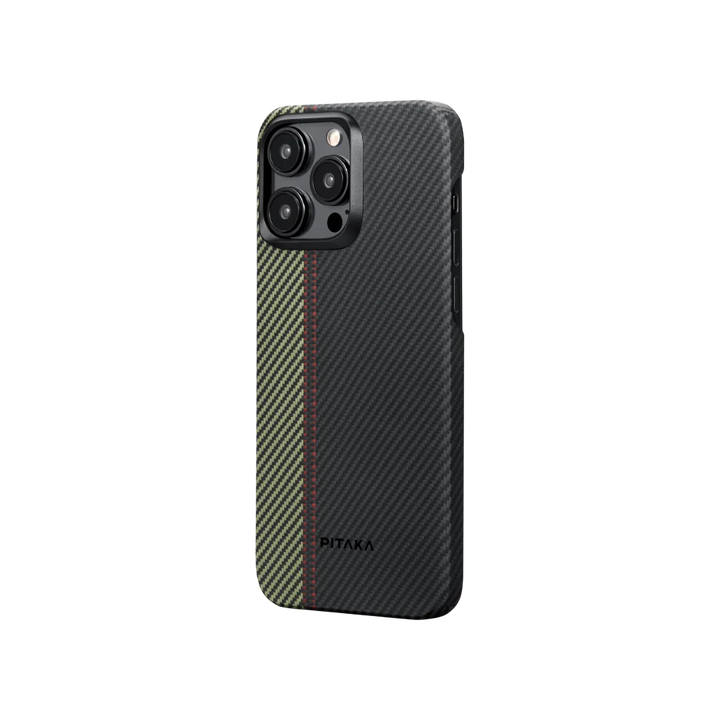 Боковой вид чехла MagEZ для iPhone 15 Pro, цвет Overture с черным, зеленым и красным узором, бренд Smartworld.
