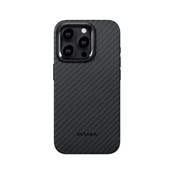 Вид сзади чехла MagEZ для iPhone 15 Pro Max, черно-серое 1500D арамидное волокно, бренд Smartworld.