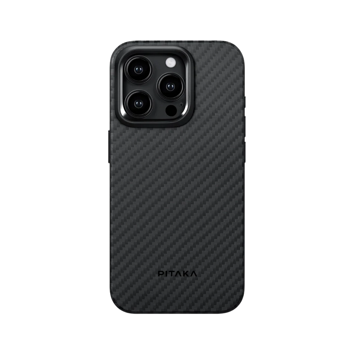 Вид сзади чехла MagEZ для iPhone 15 Pro Max, черно-серое 1500D арамидное волокно, бренд Smartworld.