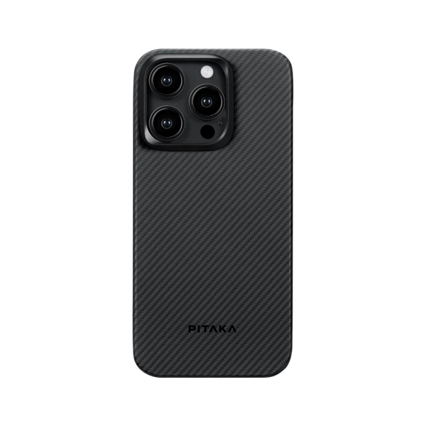 Вид сзади чехла MagEZ для iPhone 15 Pro Max, черно-серое 600D арамидное волокно, бренд Smartworld.