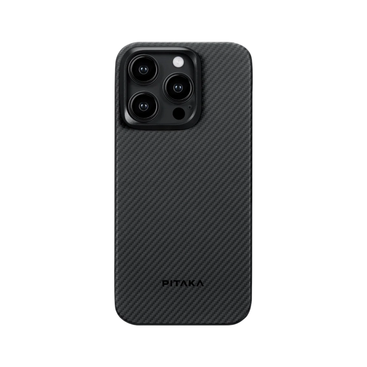 Вид сзади чехла MagEZ для iPhone 15 Pro Max, черно-серое 600D арамидное волокно, бренд Smartworld.