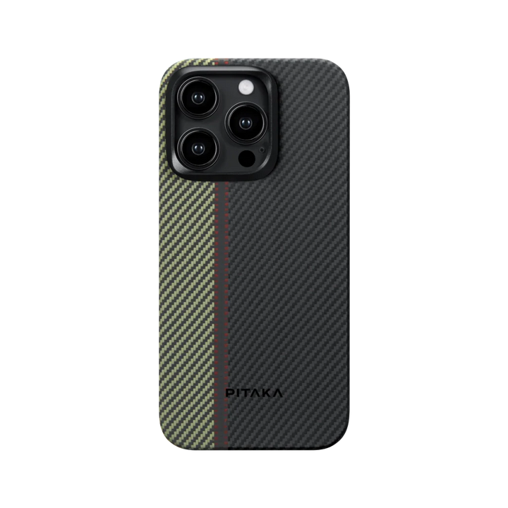 Вид сзади чехла MagEZ для iPhone 15 Pro Max, цвет Overture с черным, зеленым и красным узором, бренд Smartworld.