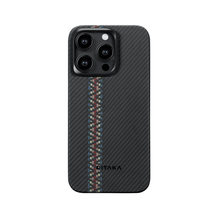 Вид сзади чехла MagEZ для iPhone 15 Pro Max, цвет Rhapsody с цветным узором в стиле пиксельной полосы, бренд Smartworld.