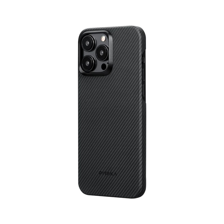 Боковой вид чехла MagEZ для iPhone 15 Pro Max, черно-серое 600D арамидное волокно, бренд Smartworld.