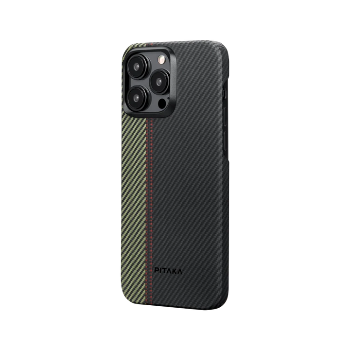Боковой вид чехла MagEZ для iPhone 15 Pro Max, цвет Overture с черным, зеленым и красным узором, бренд Smartworld.
