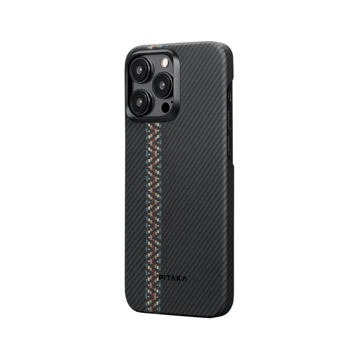 Боковой вид чехла MagEZ для iPhone 15 Pro Max, цвет Rhapsody с цветной полосой в стиле пиксельного узора, бренд Smartworld.