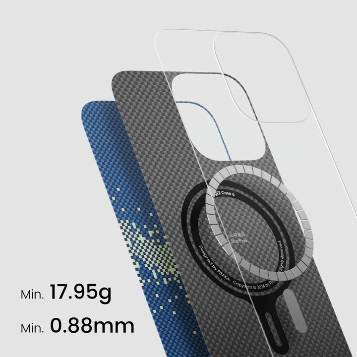 Структура чехла Pitaka для iPhone, минимальная толщина 0.88 мм и вес 17.95 г, с синим узором.