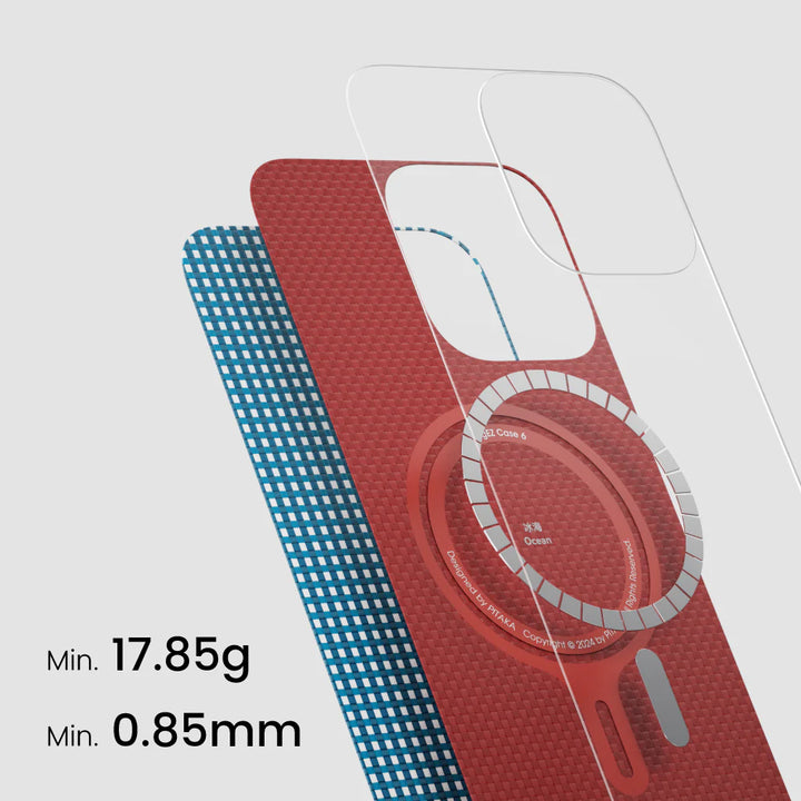  Слоистая структура синего чехла Pitaka для iPhone 16 Pro Max с указанием минимального веса и толщины.
