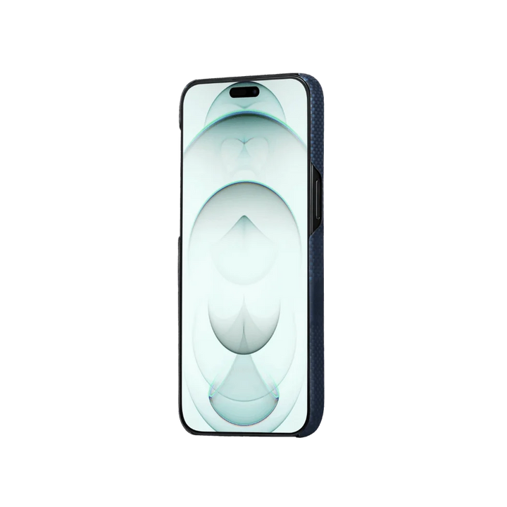 Front view of the Smartworld blue aramid fiber phone case on an iPhone 15 Pro, showcasing a slim and protective design.