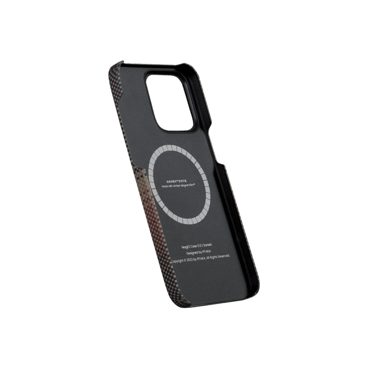 Interior view of a Smartworld aramid fiber phone case for iPhone 15 Pro with MagSafe compatibility for wireless charging.