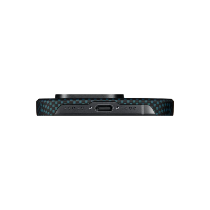 Bottom view of an iPhone 15 Pro with a blue carbon fiber case, showing the USB-C charging port and speaker grills