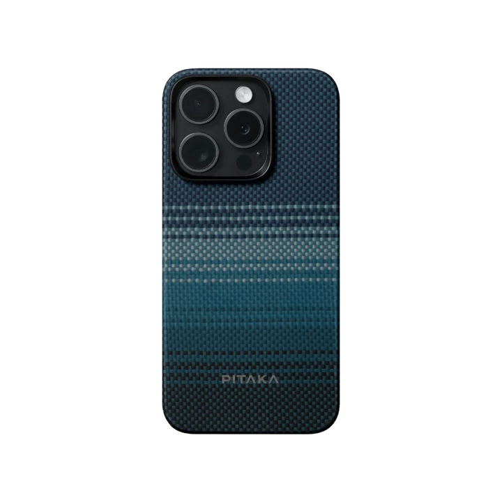 Rear view of an iPhone 15 Pro with a blue gradient carbon fiber case, featuring the triple camera setup and "Pitaka" branding