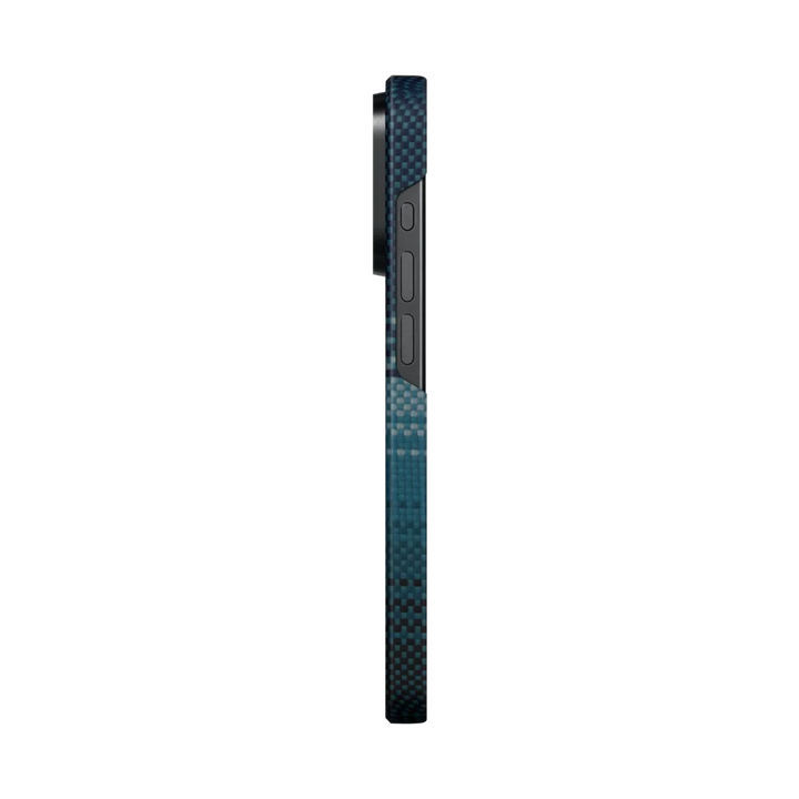Side view of an iPhone 15 Pro with a blue carbon fiber case, showcasing the volume buttons