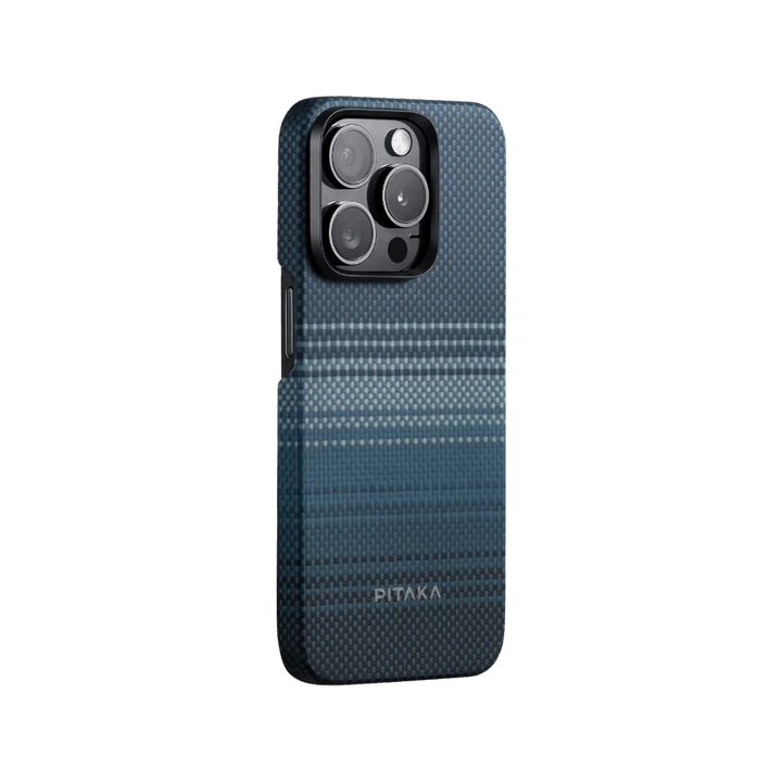 Rear view of a blue gradient phone case for iPhone 15 Pro by Smartworld, showcasing the stylish design and precise camera cutouts.