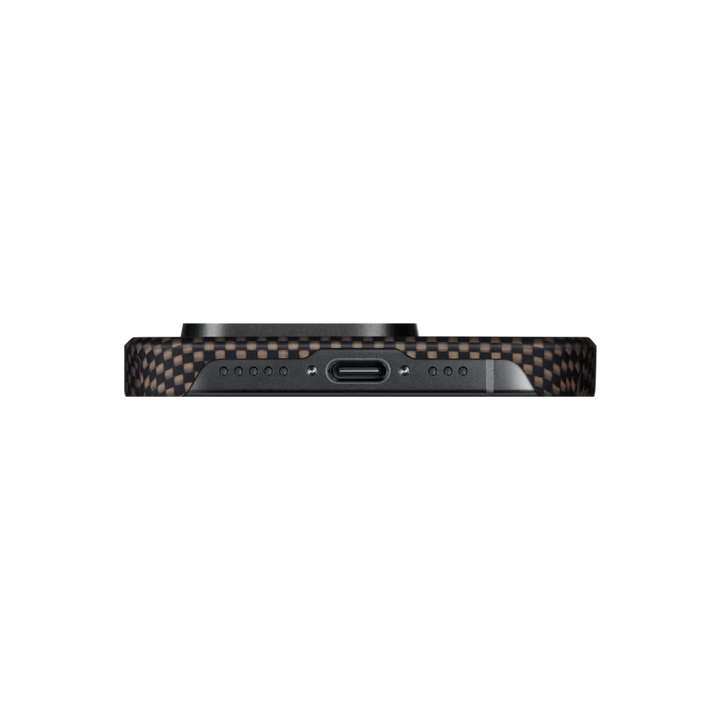 Bottom view of an iPhone 15 Pro with a carbon fiber case, showing the charging port and speaker grills.