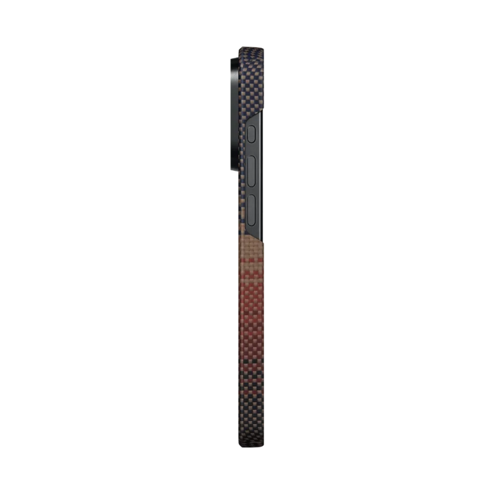 Side view of an iPhone 15 Pro with a carbon fiber texture and gradient color design on its case.
