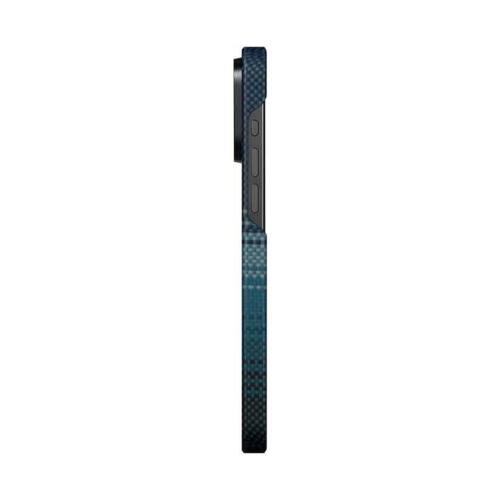Side view of an iPhone 15 Pro Max with a blue carbon fiber case, showcasing the volume buttons