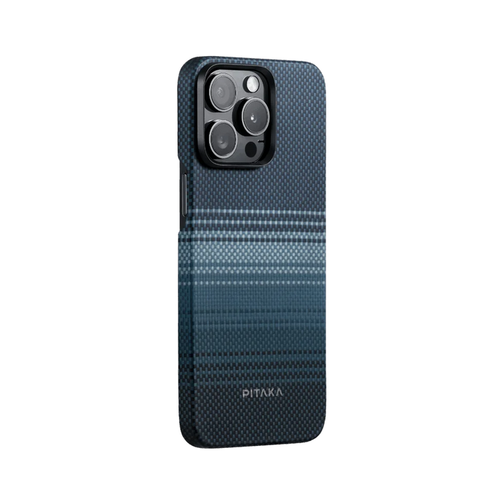 Rear view of a blue gradient phone case for iPhone 15 Pro Max by Smartworld, showcasing the stylish design and precise camera cutouts.