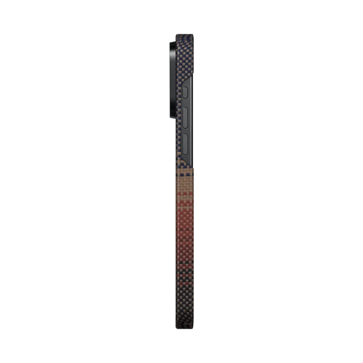 Side view of an iPhone 15 Pro with a gradient carbon fiber case, showcasing the volume buttons