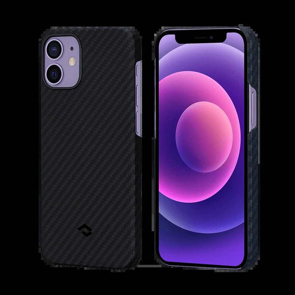 Чехол MagEZ для iPhone 12 Series с углеродным волокном, показывающий переднюю и заднюю стороны устройства, обеспечивая защиту и стильный внешний вид.