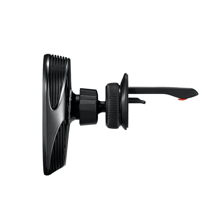 Боковой вид черного магнитного держателя Pitaka Car Mount Pro 2, автомобильный аксессуар с зажимом для воздуховода.