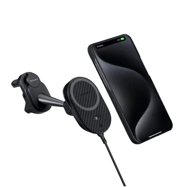 Магнитный держатель Pitaka Car Mount Pro 2 с установленным смартфоном и беспроводной зарядкой, вид сбоку.