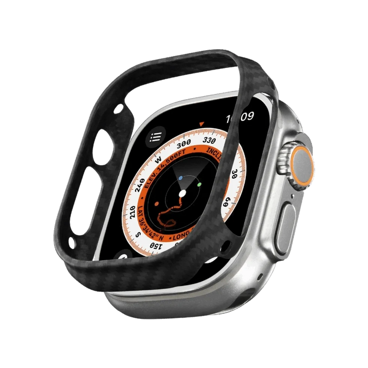 Умные часы Smartworld с компасом на экране и защитным чехлом из карбона, серебристый корпус с оранжевым ободком на боковой кнопке, время 10:09.