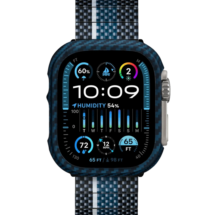 Умные часы Smartworld с синим карбоновым корпусом и ремешком, экран с информацией о погоде, время 10:09.
