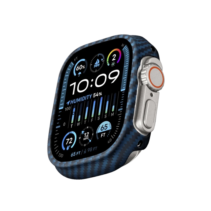 Умные часы Smartworld с экраном, отображающим информацию о погоде, в синем карбоновом корпусе, серебристая боковая кнопка с оранжевым ободком, время 10:09.