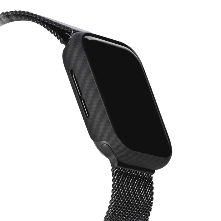 Умные часы Smartworld с темным экраном, карбоновым корпусом и текстурированным черным ремешком, вид сбоку.