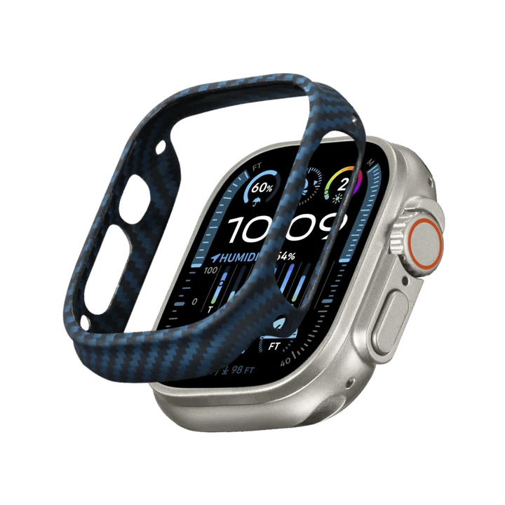 Умные часы Smartworld с экраном, отображающим погоду, и съемным защитным синим карбоновым чехлом, серебристый корпус с оранжевым ободком на кнопке, время 10:09.